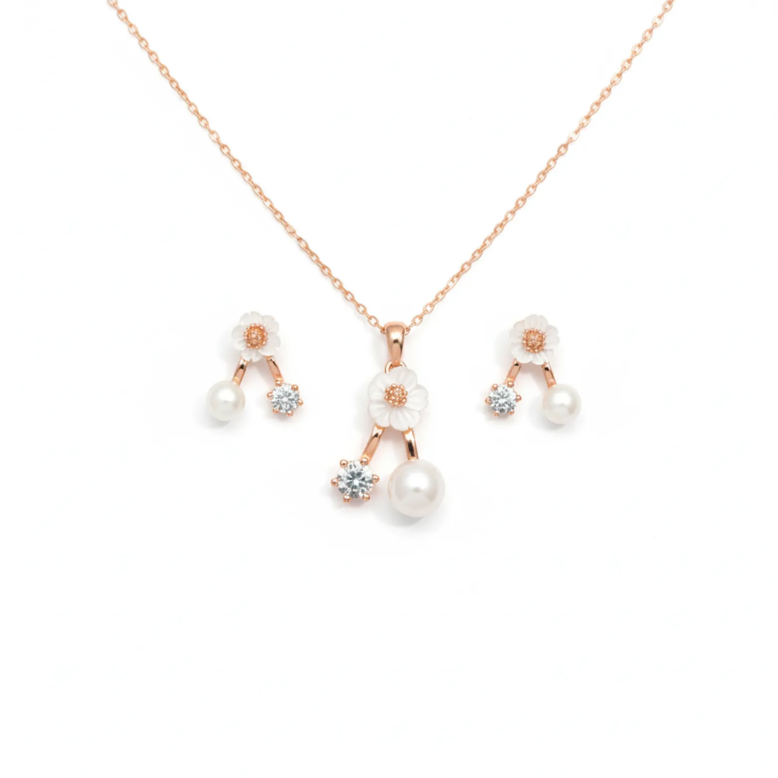 Bloom Pearl  CZ Rose Gold Necklace Set